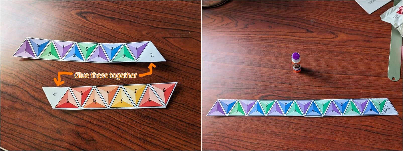 Showing the two sticking-out triangles that will be glued together, and demonstrating the long strip that results
