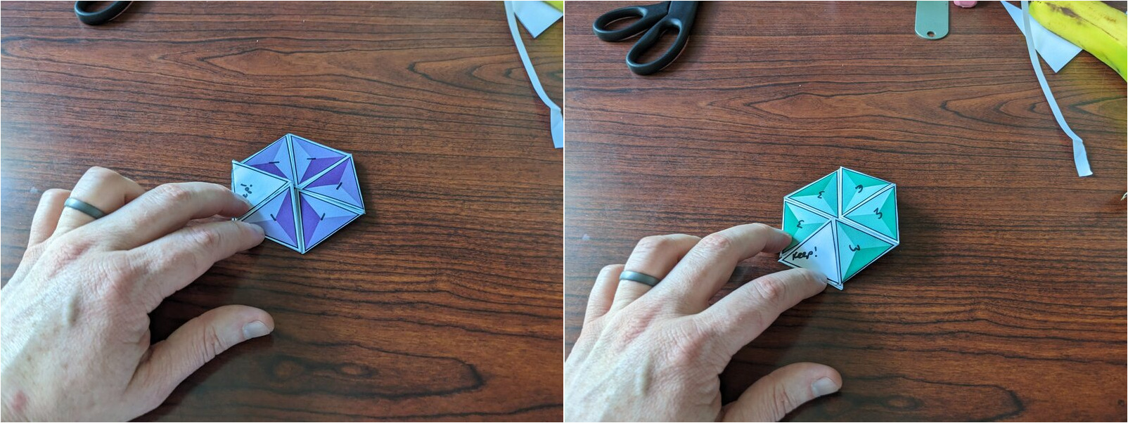 A hexagon with one green side and one purple side