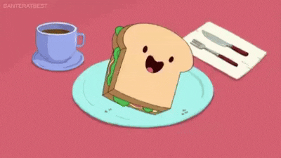 a cartoon sandwich with a big smile dancing happily on a plate